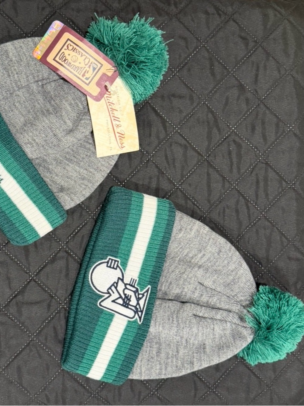 Mitchell & Ness Gray and Green Pom Beanie with Stripe
Cuff